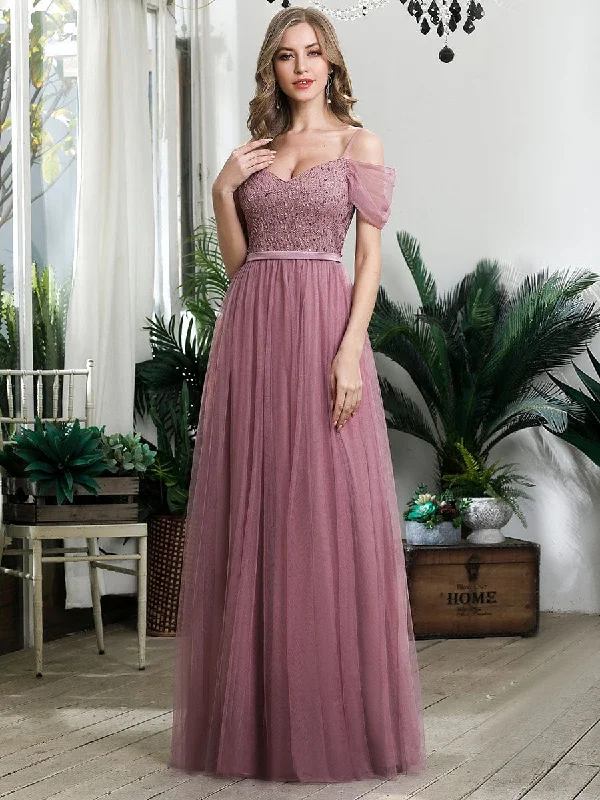 Hot Picks Cold Shoulder Sequin Bodice Long Tulle Bridesmaid Dress
