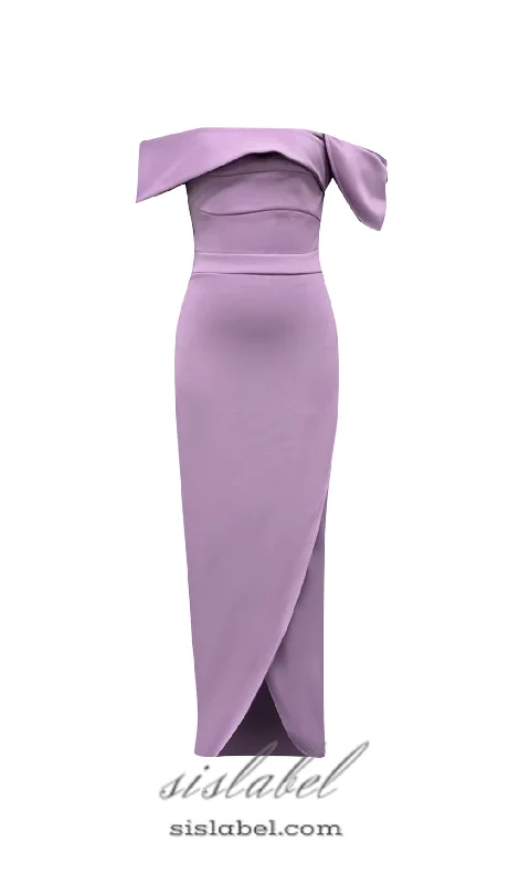 Weekend Buy More Save More AFRA OFF SHOULDER BODYCON MAXI DRESS IN PURPLE