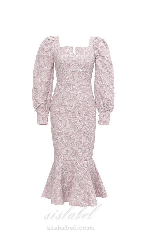 Weekend Special Sale ALICE FLORAL JACQUARD PUFF SLEEVE BODYCON MAXI DRESS IN PINK