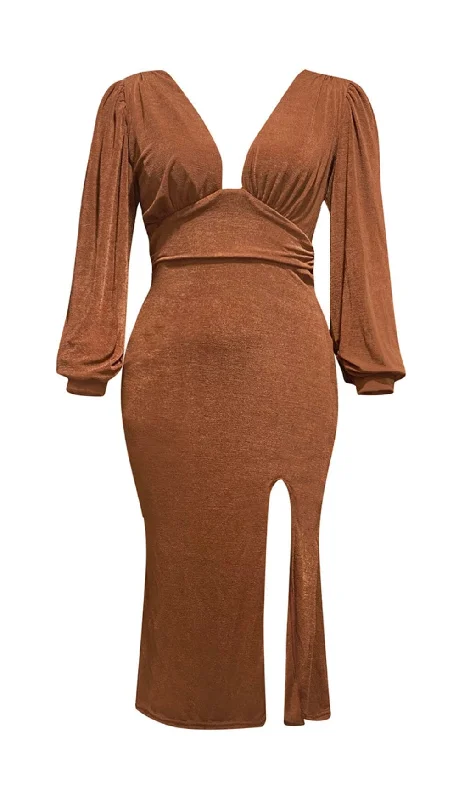 Weekend Price Slash Event BROWN PLUS SIZE V NECK SLIT BODYCON DRESS