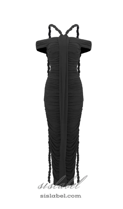 Weekend Hot Deals cara black off-shoulder ruched bodycon maxi dress with rope embellished