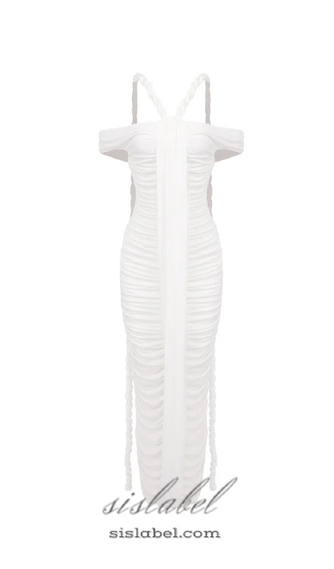 Weekend Special Offers cara white off-shoulder ruched bodycon maxi dress with rope embellished