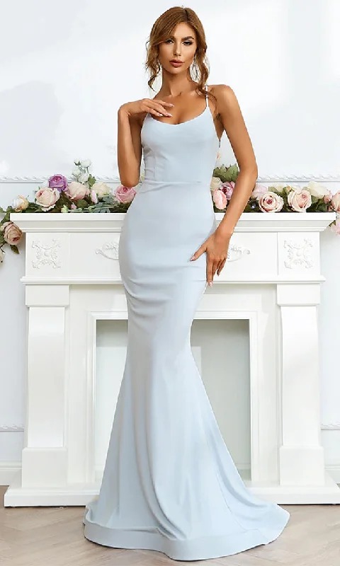 Weekend Savings Mania Care To Be Light Blue Sleeveless Spaghetti Strap Sweetheart Neckline Cross Tie Lace Up Back Bodycon Mermaid Maxi Dress Gown