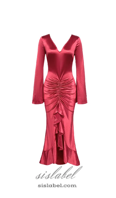 Weekend Limited-Time Offers CECILIA RUFFLE TRIM HIGH SLIT MAXI BODYCON DRESS IN RED