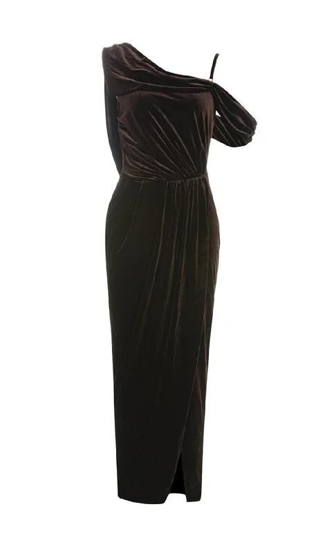 Weekend Low Prices CHESTNUT ONE-SHOULDER BACKLESS BODYCON VELVET PLEATED MAXI DRESS Weekend Low Prices CHESTNUT ONE-SHOULDER BACKLESS BODYCON VELVET PLEATED MAXI DRESS