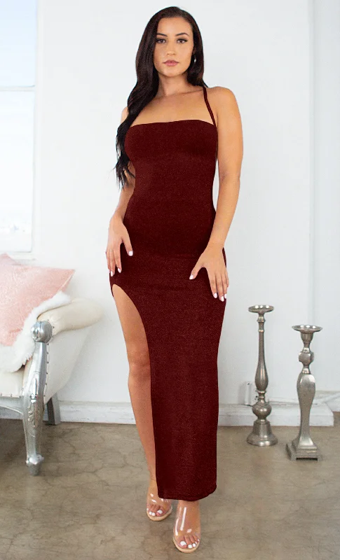 Weekend Markdowns Cold Stare Burgundy Glitter Sparkle Sleeveless Crisscross Spaghetti Strap Square Neck Backless High Slit Bodycon Maxi Dress