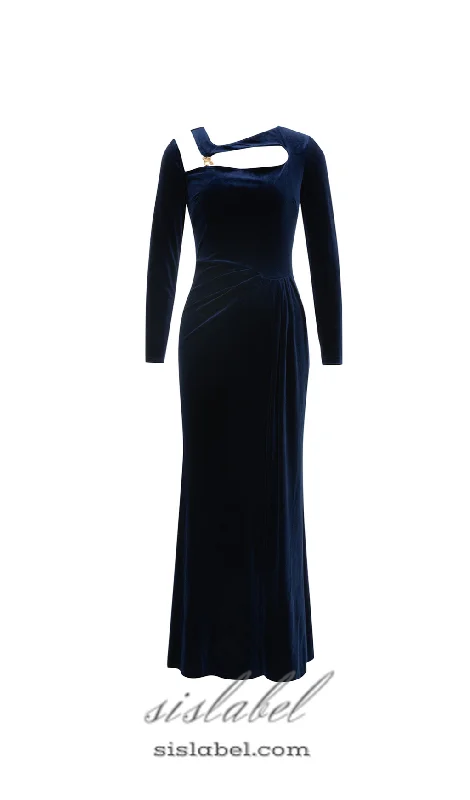 Weekend Price Breaks CORAL CUTOUT VELVET BODYCON MAXI DRESS IN DARK BLUE