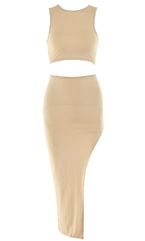 Weekend Clearance Event Cutting Close Beige Nude Sleeveless Round Neckline Crop Top High Waist Side Slit Bodycon Two Piece Maxi Dress