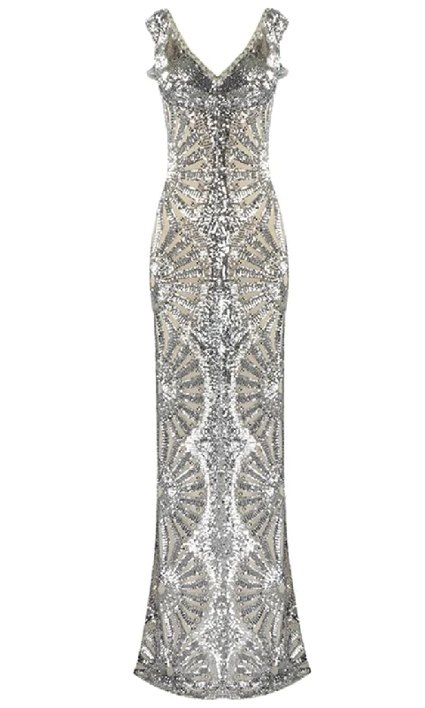 Weekend Mega Sale Event Dressed To The Nines Silver Sequin Geometric Pattern Cut Out Sleeveless V Neck Bodycon Maxi Dress