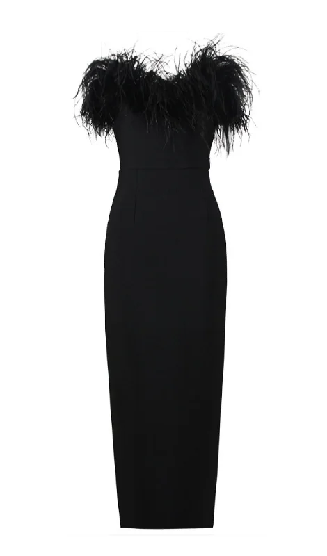 Weekend Only Sale FEATHER BODYCON MAXI DRESS IN BLACK