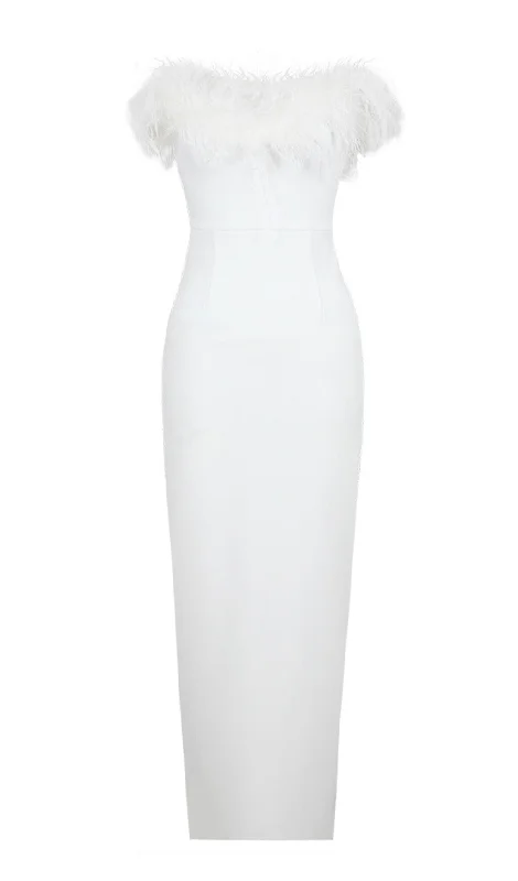 Weekend Shopping Spree FEATHER BODYCON MAXI DRESS IN WHITE