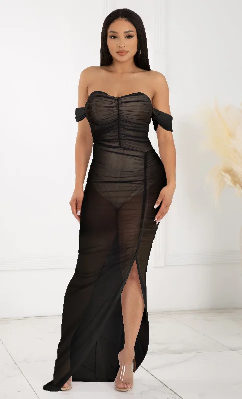 Price Cut Alert Feeling Sultry <span><br> Black Sheer Mesh Ruched Short Sleeve Off The Shoulder V Neck Side Slit Bodycon Maxi Dress</span> Price Cut Alert Feeling Sultry <span><br> Black Sheer Mesh Ruched Short Sleeve Off The Shoulder V Neck Side Slit Bodycon Maxi Dress</span>