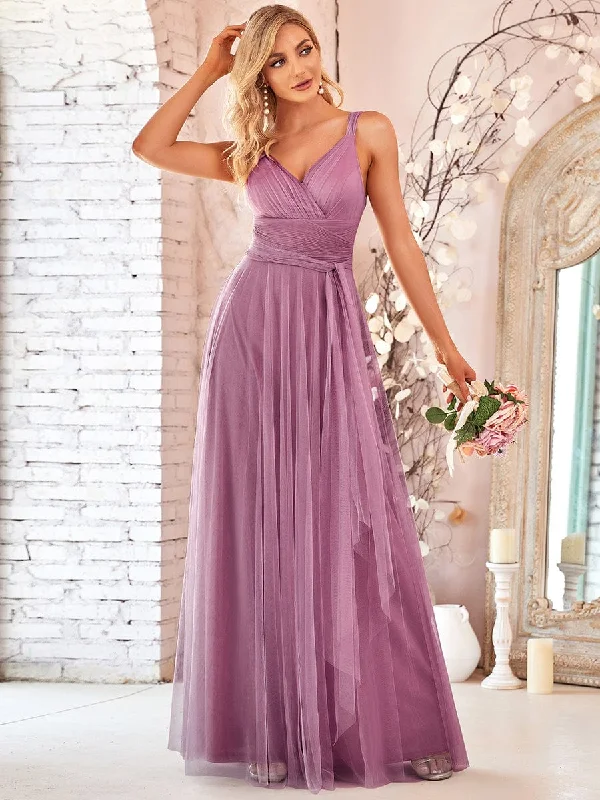 Shop & Save More Floor Length Double V Neck Tulle Bridesmaid Dresses