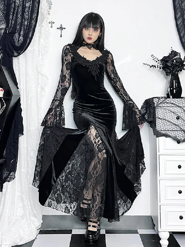Weekend Best Buys Gothic Long Sleeve Lace Ruched Fishtail Bodycon Mermaid Cocktail Maxi Dress Weekend Best Buys Gothic Long Sleeve Lace Ruched Fishtail Bodycon Mermaid Cocktail Maxi Dress