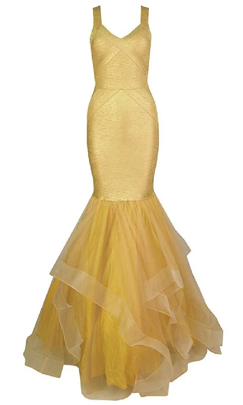 Super Price Drop Grand Entrance <br><span>Gold Sleeveless V Neck Mesh Ruffle Mermaid Bandage Bodycon Maxi Dress</span> Super Price Drop Grand Entrance <br><span>Gold Sleeveless V Neck Mesh Ruffle Mermaid Bandage Bodycon Maxi Dress</span>