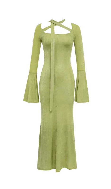 Weekend Clearance Frenzy GREEN TRUMPET SLEEVE BODYCON MAXI DRESS