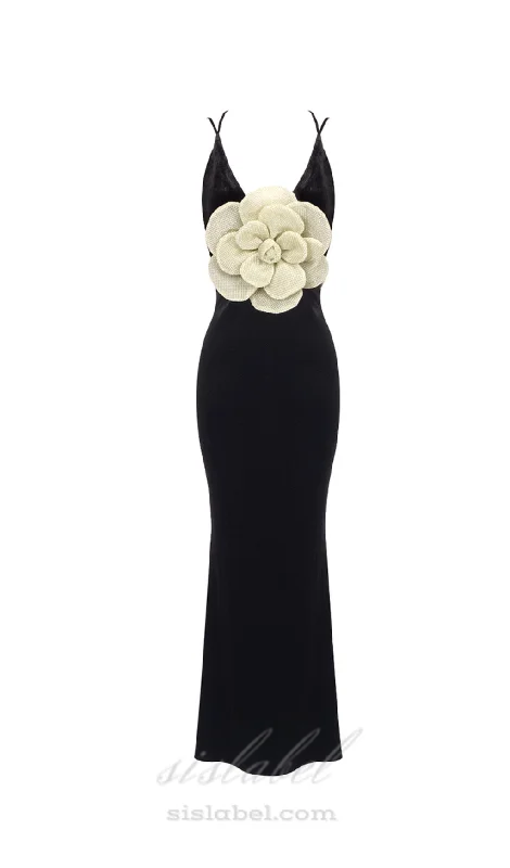 Weekend Price Drops HARRIET GOLD 3D FLOWER BODYCON BLACK MAXI DRESS