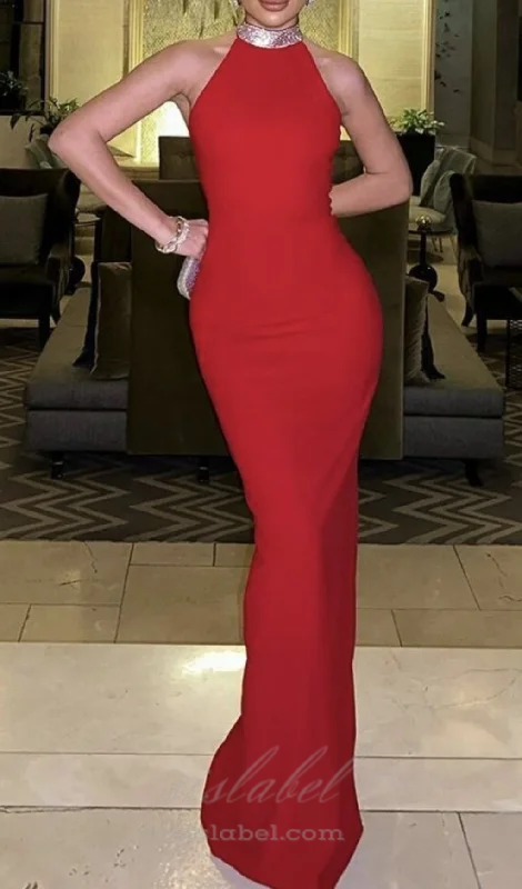 Weekend Steals and Deals HEDWIG CRYSTAL HALTER SLEEVELESS BODYCON MAXI DRESS IN RED