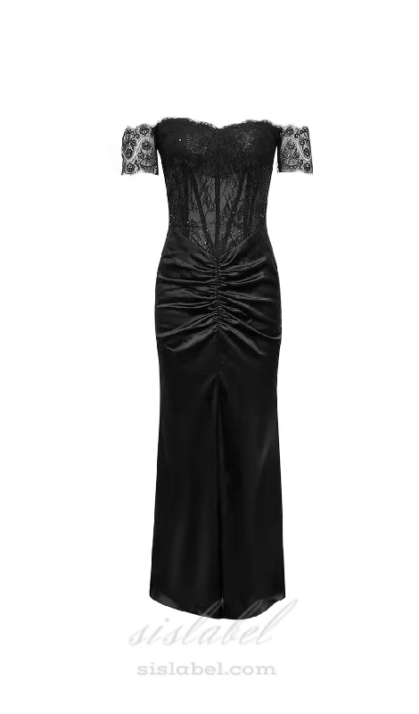 Weekend Super Sale HELEN OFF-SHOULDER LACE RUCHED BODYCON BLACK MAXI DRESS