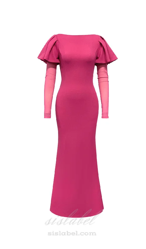 Weekend Offers Galore HILDA RUFFLE TRIM SLEEVE BODYCON MAXI DRESS IN ROSE RED