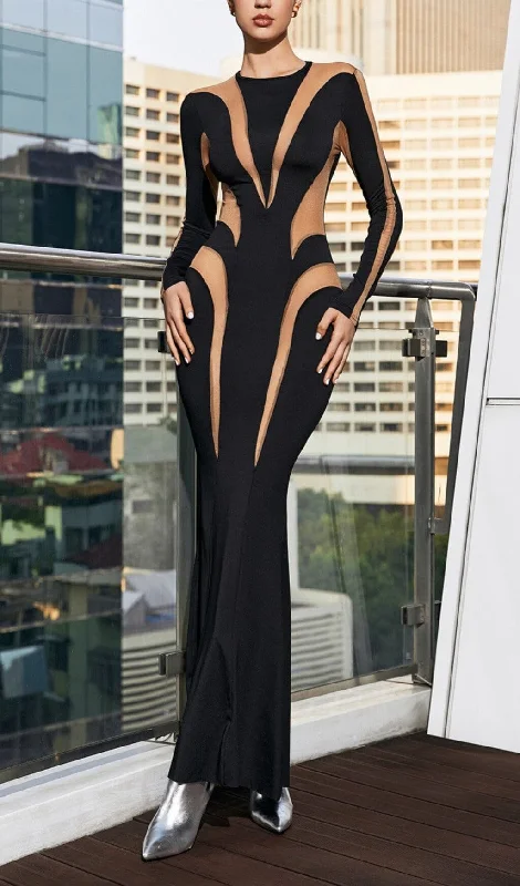 Weekend Hot Bargains LONG SLEEVE MESH BODYCON MAXI DRESS IN BLACK