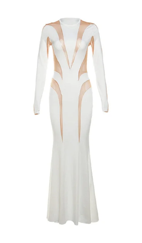 Weekend Flash Offers LONG SLEEVE MESH BODYCON MAXI DRESS IN WHITE