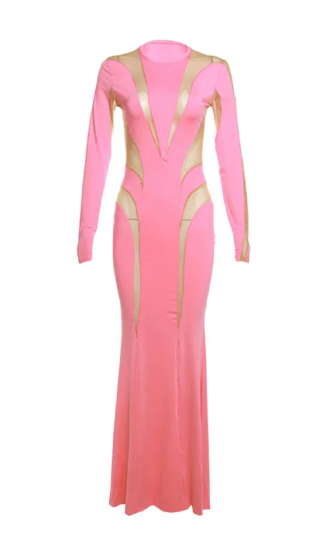 Weekend Special Discounts LONG SLEEVE MESH BODYCON MAXI DRESS IN PINK