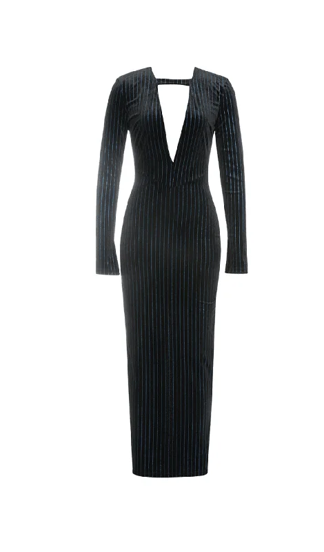 Weekend Big Savings LOW-CUT LONG-SLEEVED STRIPED BODYCON MAXI DRESS