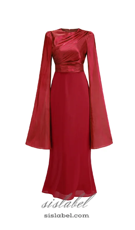Weekend Deal Fever MARCIA TRUMPET SLIT SLEEVE BODYCON MAXI DRESS IN RED