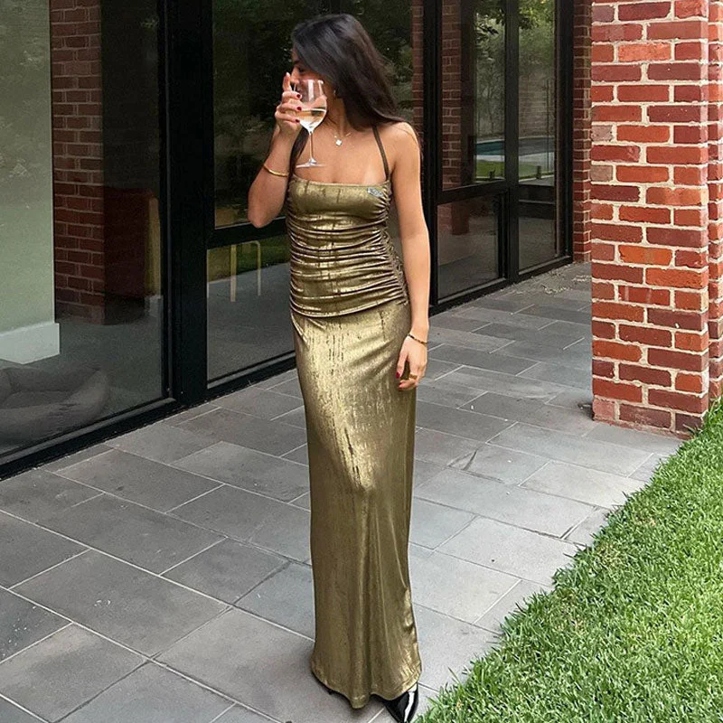 Weekend Exclusive Discounts Halter Neck Sleeveless Bodycon Maxi Dress - Olive Green