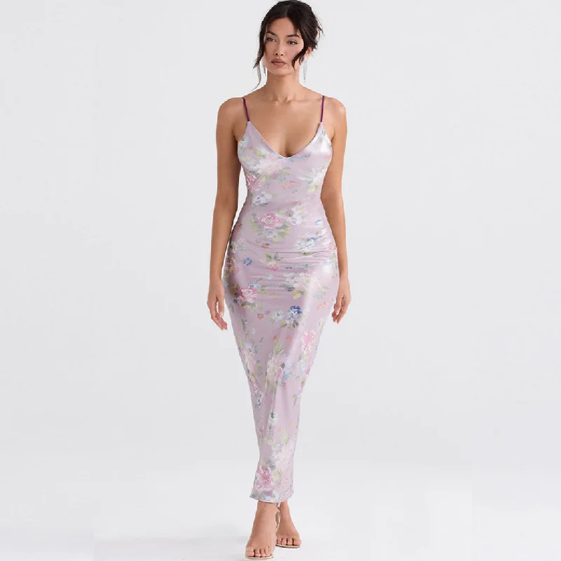 Weekend Special Discounts Flower Print V Neck Sleeveless Bodycon Maxi Dress - Pink