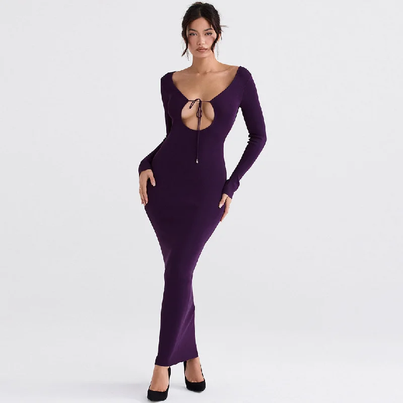 Weekend Hot Offers Solid Color Long Sleeve Bodycon Maxi Dress - Purple