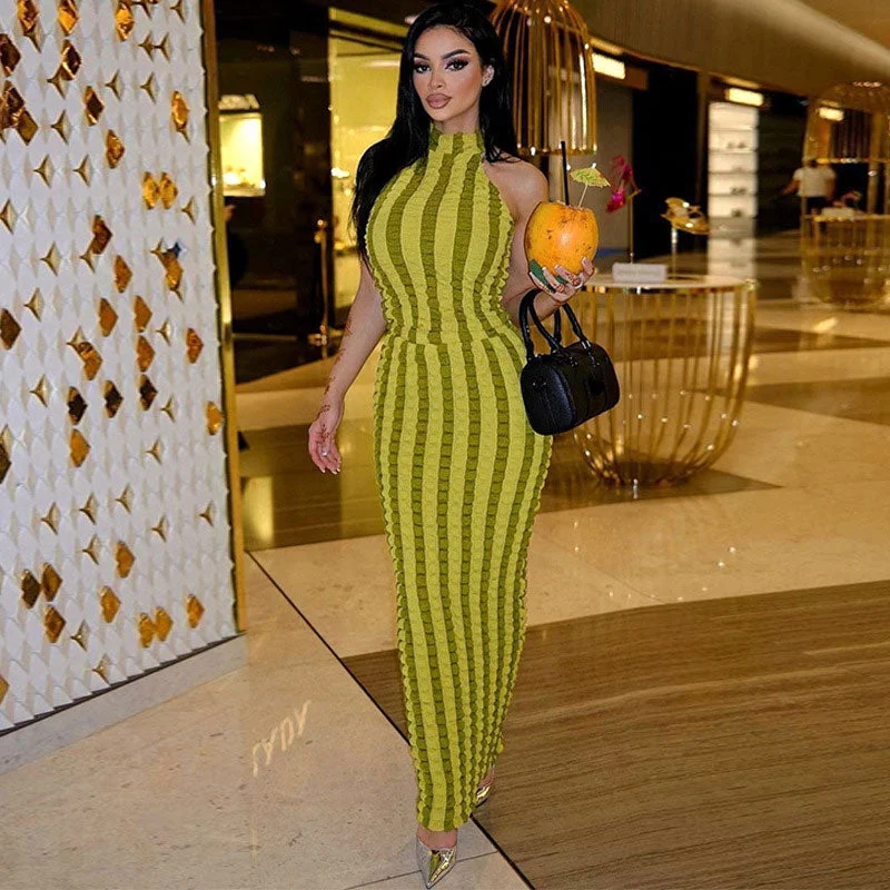 Weekend Best Deals Popcorn Striped High Neck Sleeveless Bodycon Maxi Dress - Green
