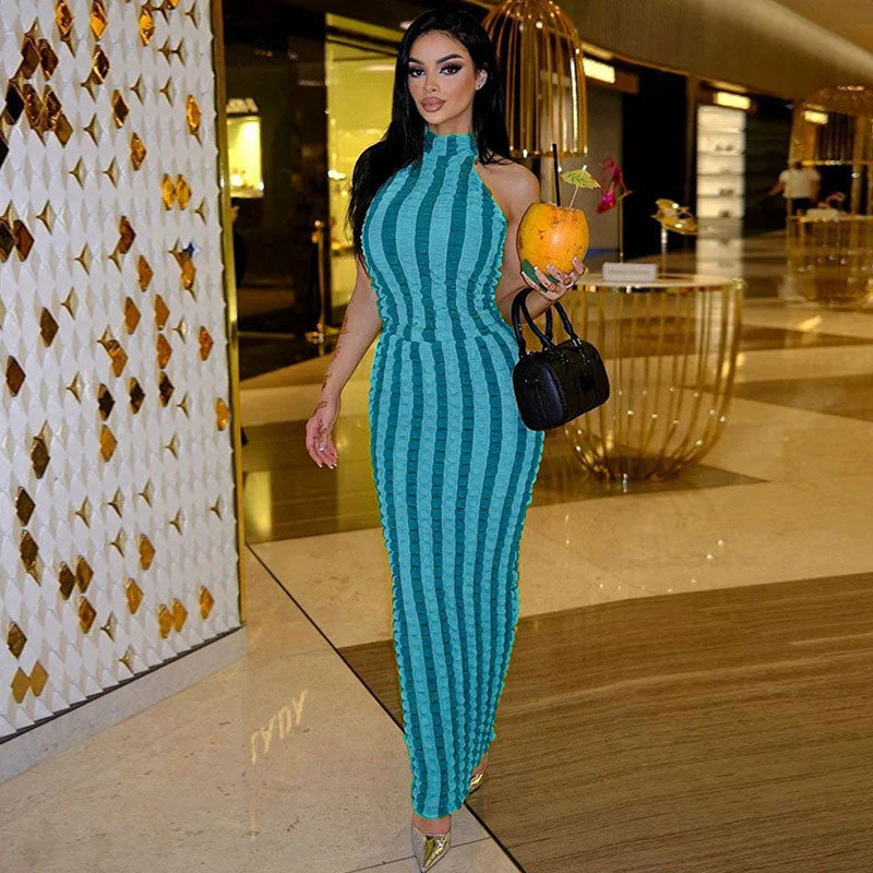 Weekend Discount Rush Popcorn Striped High Neck Sleeveless Bodycon Maxi Dress - Blue