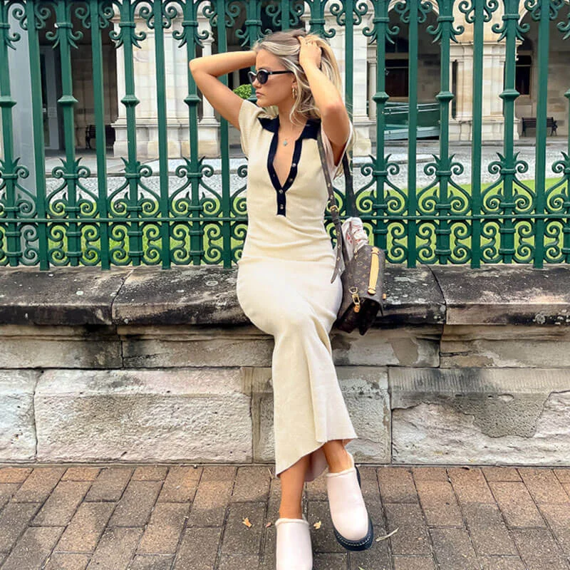 Weekend Super Sale Alert Ribbed Contrast Collar Short Sleeve Button Front Bodycon Maxi Dress - Apricot