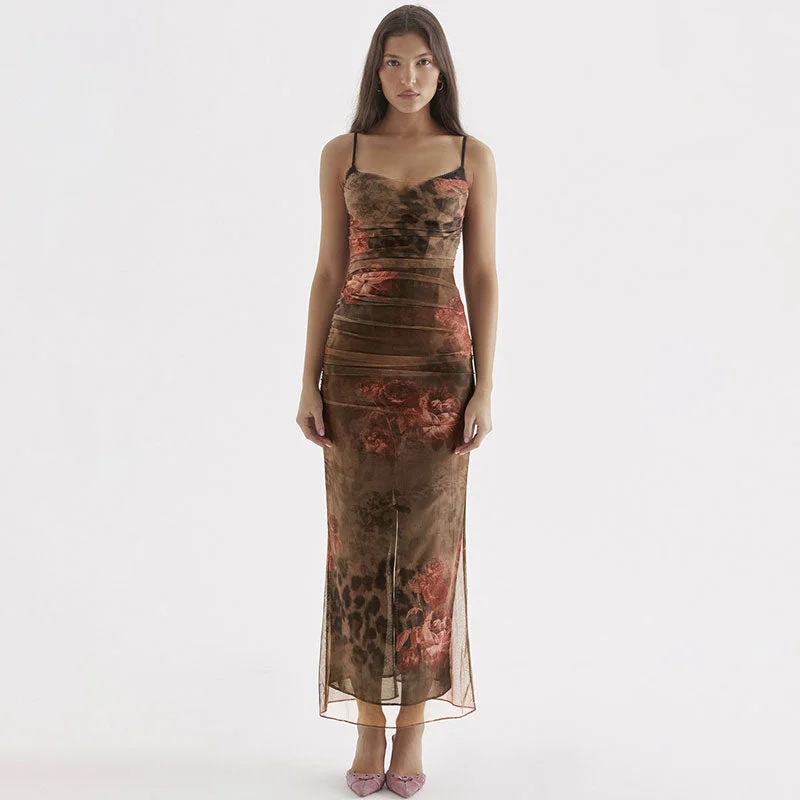 Weekend Deals You’ve Been Waiting For Vintage Flower Print Ruched Mesh Corset Slip Bodycon Maxi Dress - Brown