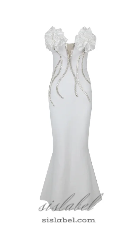 Weekend Exclusive Discounts OFF SHOULDER FLOWER EMBELLISHED BODYCON GOWN IN WHITE