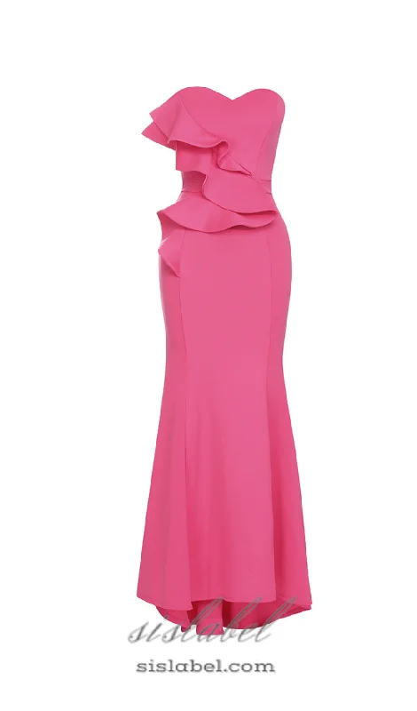 Weekend Mega Sale Event OFF SHOULDER RUFFLE TRIM BODYCON GOWN IN PINK