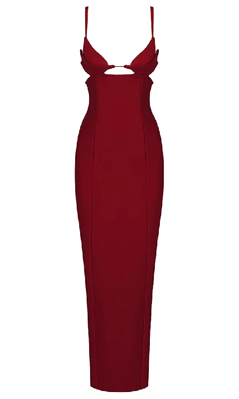 Big Offers On The Rise<br><span> Red Sleeveless Spaghetti Strap V Neck Cut Out High Waist Side Slit Backless Bandage Bodycon Maxi Dress</span>