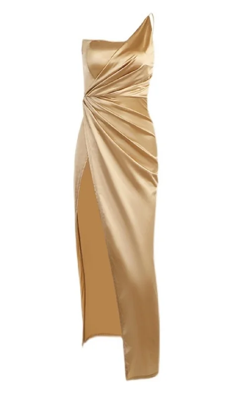 Weekend Discount Fest ONE SHOULDER BODYCON MAXI DRESS IN GOLD