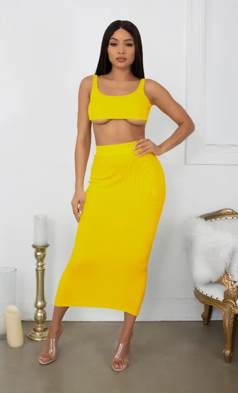 Weekend Steal of the Day Playing With Fire Yellow Under Boob Sleeveless Scoop Neck Crop Top Two Piece Bodycon Casual Maxi Dress Weekend Steal of the Day Playing With Fire Yellow Under Boob Sleeveless Scoop Neck Crop Top Two Piece Bodycon Casual Maxi Dress