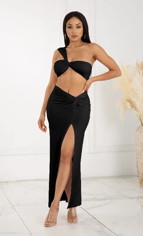 Weekend Buy More Save More Private Yacht Party Black Sleeveless One Shoulder Twist Crop Top Side Slit Bodycon Maxi Skirt Two Piece Dress