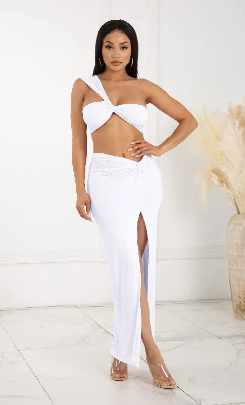 Weekend Price Drop Event Private Yacht Party White Sleeveless One Shoulder Twist Crop Top Side Slit Bodycon Maxi Skirt Two Piece Dress