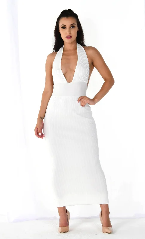 Unbeatable Bargains Roll The Dice White Bandage Sleeveless Ribbed Plunge V Neck Halter Backless Bodycon Maxi Dress Unbeatable Bargains Roll The Dice White Bandage Sleeveless Ribbed Plunge V Neck Halter Backless Bodycon Maxi Dress