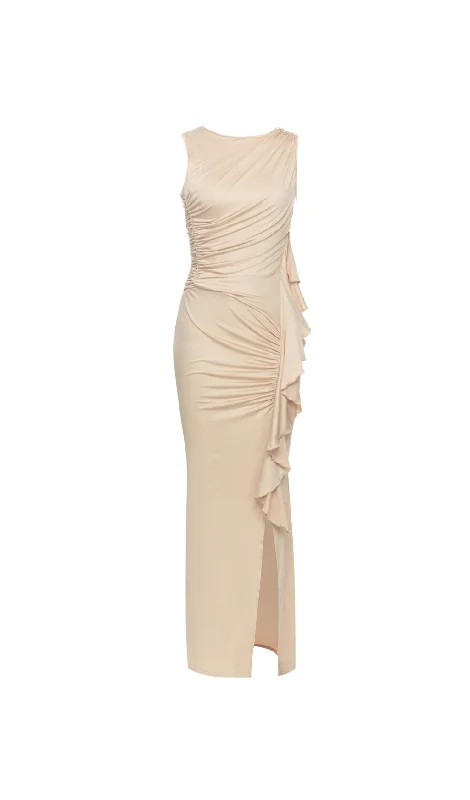 Weekend Bargain Deals RUCHED RUFFLES SPLIT BODYCON MAXI DRESS