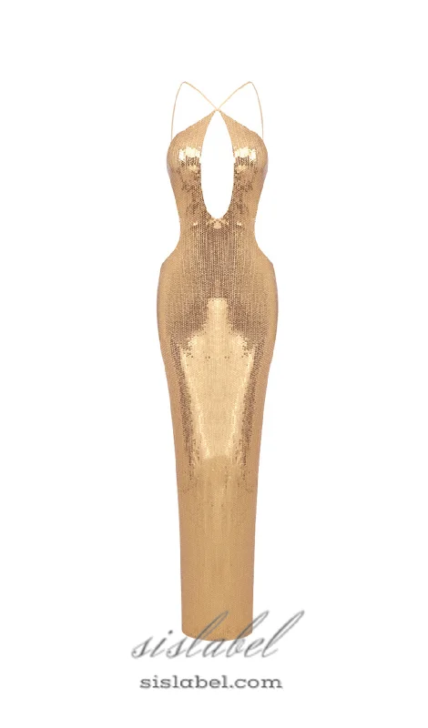 Weekend Exclusive Bargains sequin hollow bodycon maxi dress in gold