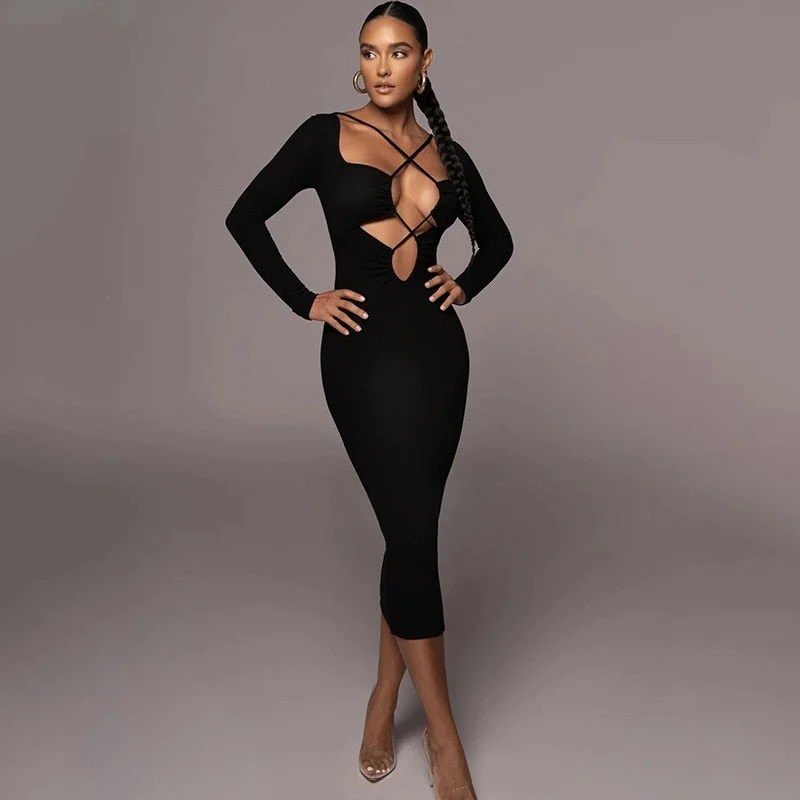 Best Deal of the Day BerriesJam - Sexy Bandage Hollow Out Bodycon Long Sleeve Dress