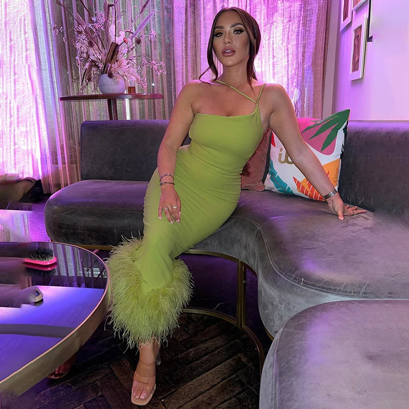 Shop Now and Save Sexy Feather Autumn Winter Dress Women One Shoulder Bodycon Maxi Dress