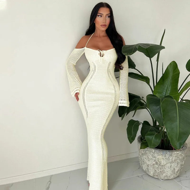 Today Only Sexy Knitted Bodycon Dress Women Autumn Long Sleeve Off Shoulder Maxi Dress