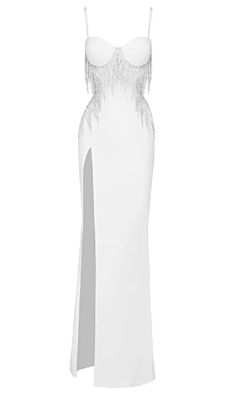 The Big Clearance Shining Spotlight <br><span>White Sleeveless Spaghetti Strap Bustier Cut Out Sides Open Back Rhinestone Fringe Bodycon Bandage High Slit Maxi Dress</span> The Big Clearance Shining Spotlight <br><span>White Sleeveless Spaghetti Strap Bustier Cut Out Sides Open Back Rhinestone Fringe Bodycon Bandage High Slit Maxi Dress</span>